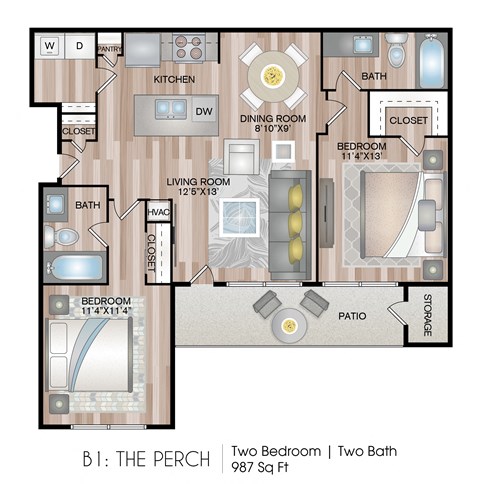 Floor plan for 2 beds, 2 baths, 987 sqft